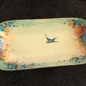 Very old and beautiful hand painted dish with bluebird in the middle